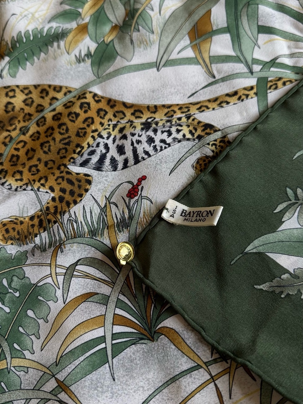 Vintage BAYRON MILANO Silk Scarf Jungle Leopard Print Hand Rolled Italy 33”x33”